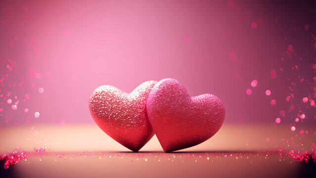 Two pink hearts with nice glittery texture details on empty background. Valentine’s day generative Ai imagery with shiny glitter bokeh effect