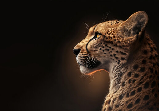 head profile closeup of spotted cheetah isolated on black background with copyspace area