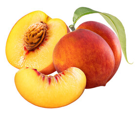 Red Peach fruit with leaf on white background, Fresh Red Peach on White Background PNG File.