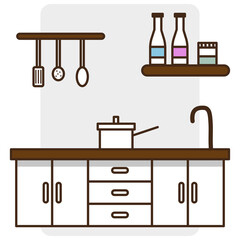 cartoon kitchen. Apartment interior. Cooking background. Vector illustration. stock image.