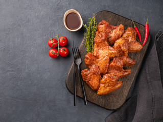 Chicken wings bbq with sauce, tomato and fresh herb on a wooden board on a dark background. The concept of snacks for a party.