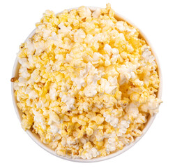 Topp view, Popcorn in white paper bucket on white background, Popcorn on white Png file.