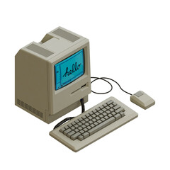 Retro Vintage Desktop Computer with Keyboard and Mouse isometric view