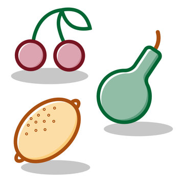 Flat icon with cherry mango pear icons. Sweet food. Vector illustration. Stock image.