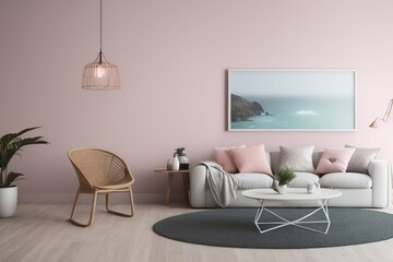 Stylish and modern living room. Space with pink walls and carpet