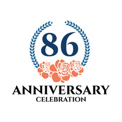 86th anniversary logo with rose and laurel wreath, vector template for birthday celebration.