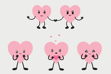 Kawaii hearts, a set of cute emoji icons. Hand-drawn emotional cartoon characters. Cute love characters with different faces, funny positive emotions.