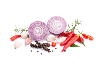 Composition of various herbs and spices vegetables rosemary pepper onion, garlic, fresh red chili,...