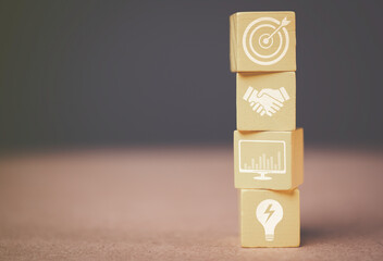 Idea concept. Data graph. Collaboration and goals. Wooden cube showing business plan icons. Startup. Finance. Mutual investment. for goals and success