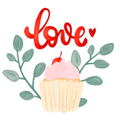 Valentine cupcake watercolor clip. Love phrase. Romantic Hand drawn watercolor illustration isolated on white background