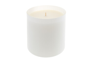 White scented candle in frosted glass laid on white background