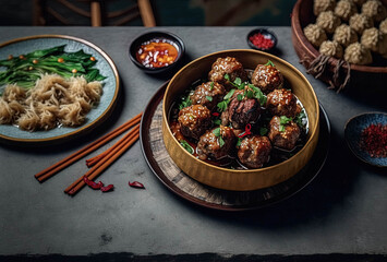 Lion's Head Meatballs - Chinese oversized pork meatballs stewed with napa cabbage. Braised Pork Ball in Brown Sauce created with Generative AI technology	