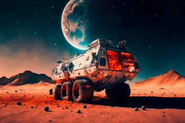 Mars explore mission rover.Colony made on Mars concept. Generative AI