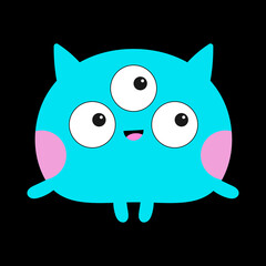 Cute monster silhouette. Happy Halloween. Blue animal. Funny Kawaii cartoon baby character. Three eyes, ears, horns, pink cheeks. Boo. Smiling face. Sticker print. Flat design. Black background.
