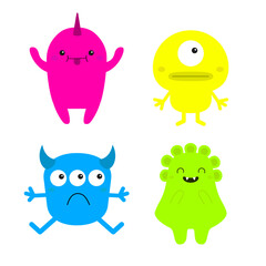 Monster set. Happy Halloween. Cute Funny Kawaii cartoon baby character. Colorful animal. Eyes, horns, fangs, hands. Sad smiling face. Boo. Sticker print. Flat design. White background.