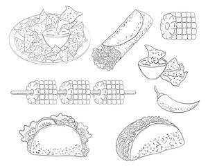 set of mexican cuisine, line art. vector illustration
