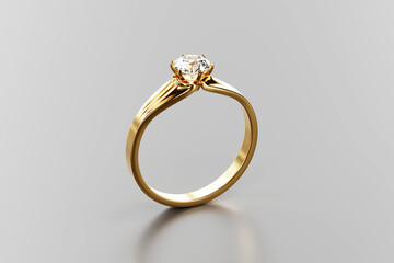 Gold diamond Ring isolated on white background, 3D rendering.