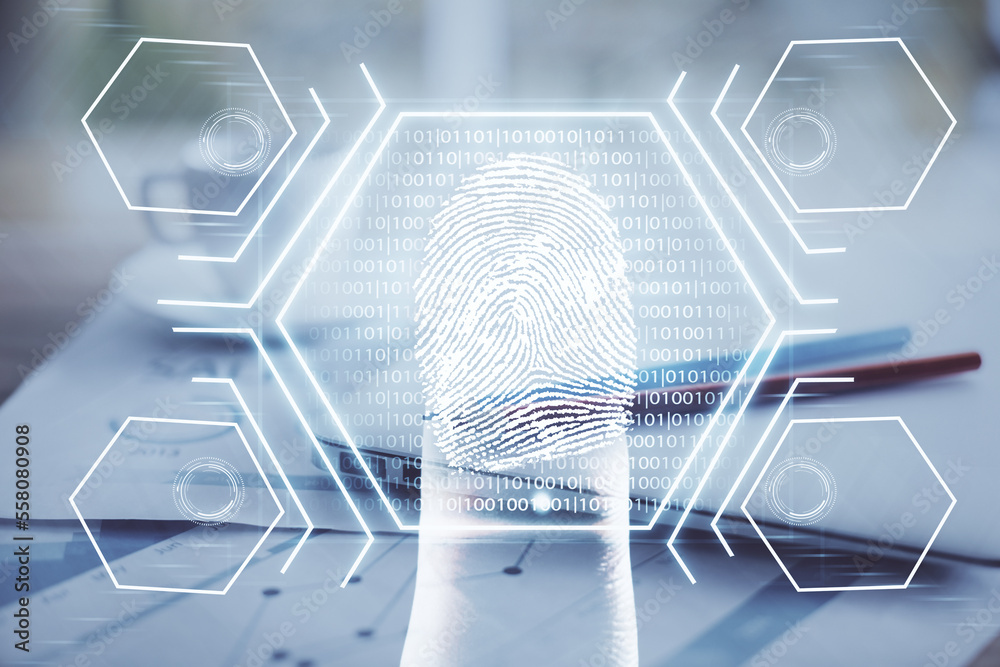 Poster Computer on desktop in office with finger print drawing. Double exposure. Concept of business data security.
