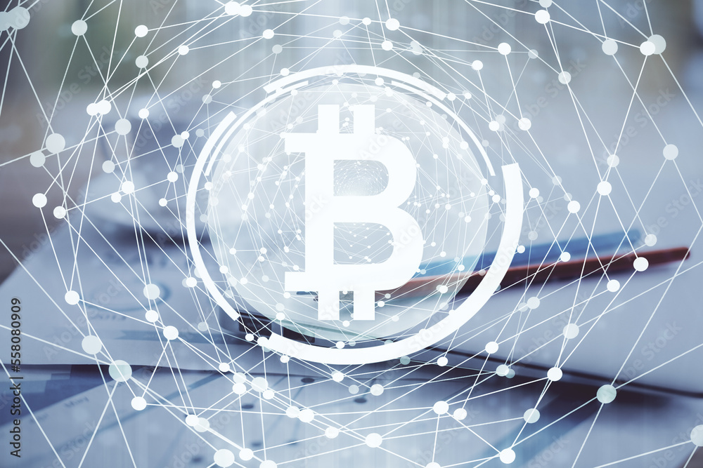 Aufkleber Double exposure of blockchain and crypto economy theme hologram and table with computer background. Concept of bitcoin cryptocurrency.