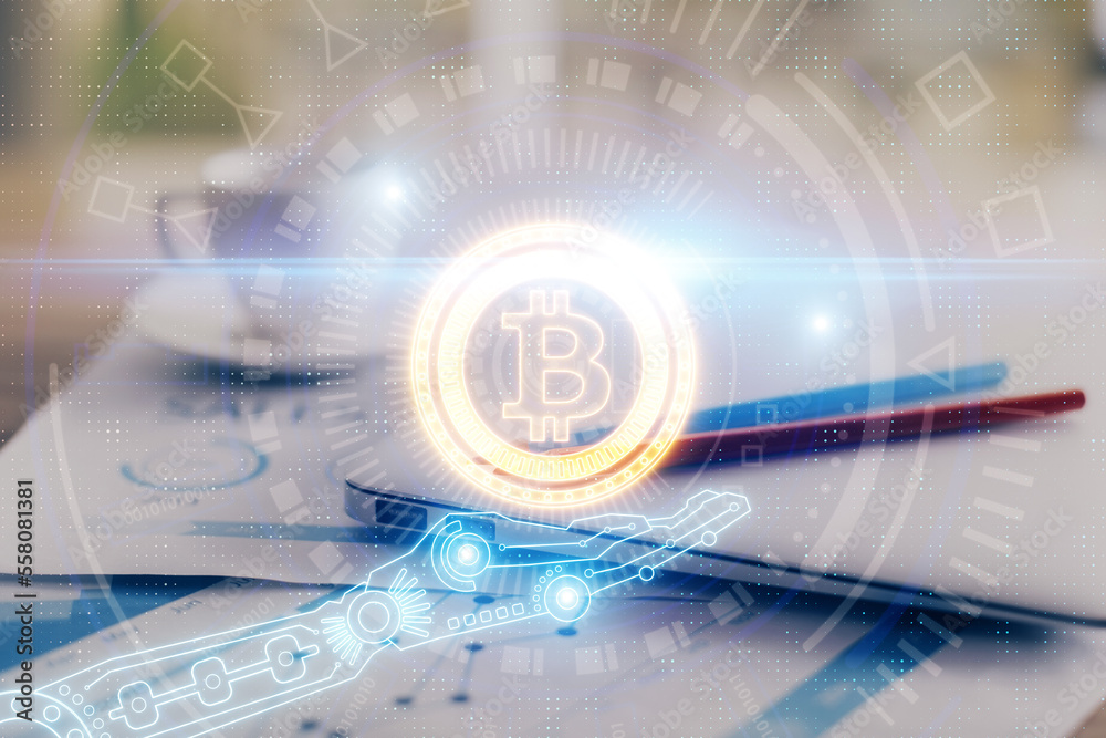 Aufkleber Double exposure of blockchain and crypto economy theme hologram and table with computer background. Concept of bitcoin cryptocurrency.