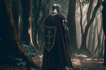 Naklejka premium A knight with a broken shield and torn cape standing in a forest, cinematic lighting, illustration digital generative ai design art style