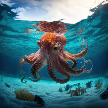 an octopus is swimming in the ocean with a sky in the backgrouund of the picture and a fish in the foreground of the picture is underwater view of the water, with a.