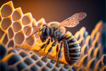 Fototapeta close up of a bee on honeycomb with honey, realistic, dark background, studio,  illustration digital generative ai design art style obraz