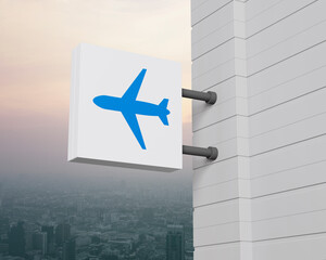 Fototapeta na wymiar Airplane icon on hanging white square signboard over city tower and skyscraper at sunset sky, vintage style, Business transportation service concept, 3D rendering