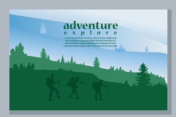 Vector brochure cards set. Travel concept of discovering, exploring and observing nature. Hiking. Adventure tourism. Flat design template of flyer, magazine, book cover, banner, invitation, poster.