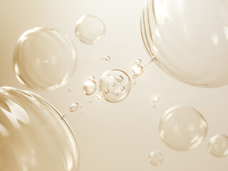 Cosmetic Essence Oil, Liquid bubble, Molecule inside Liquid Bubble, 3d rendering