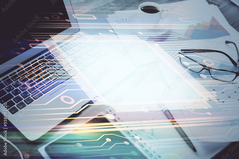 Poster Double exposure of table with computer on background and data theme drawing. Concept of innovation.