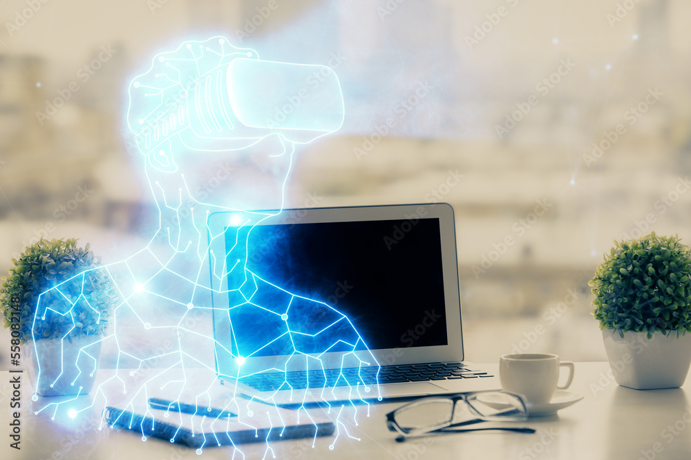 Poster Computer on desktop with AR theme icon. Multi exposure. Concept of augmented reality.