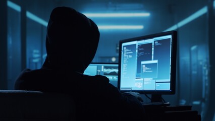 Computer Hacker in Hoodie. Obscured Dark Face. Concept of Hacker Attack, Virus Infected Software,...