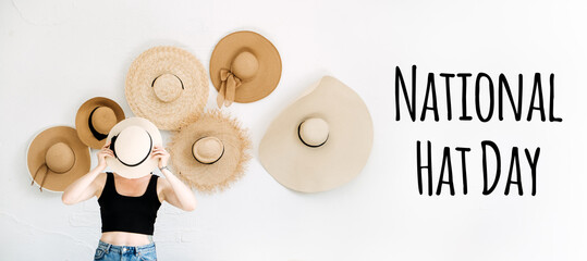 National Hat Day 15 January greeting card banner with hipster woman and many straw hats. Stylish young woman and text National Hat Day on light background