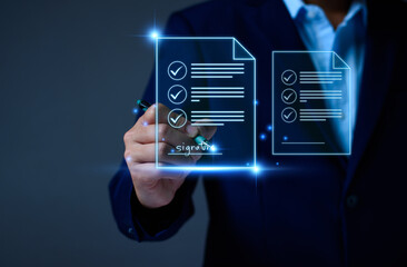 Electronic signature business concept. Manager is electronic signing investment approval, business...