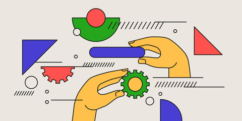 Modern geometric composition of various shapes. Illustration for design. A persons hand holds a geometric figure.