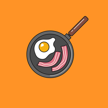 The illustration shows a broken chicken egg in a frying pan with bacon. Image of scrambled eggs. Isolated objects.