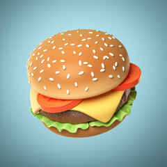 homemade hamburger, Big burger isolated on blue background with clipping path 3d rendering.