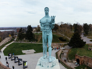 Kalemegdan fortress in Belgrade in the summer, The Victor Pobednik statue. Drone shot.