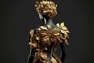 Slim woman body back view mannequin decorated with gold flowers. Generative ai