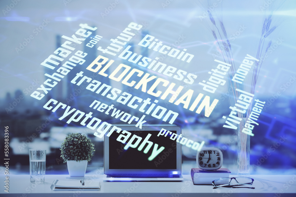 Aufkleber Double exposure of blockchain and crypto economy theme hologram and table with computer background. Concept of bitcoin cryptocurrency.