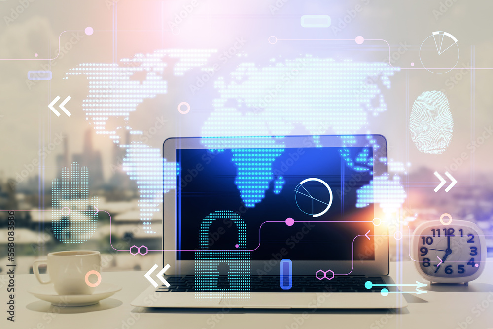 Aufkleber Double exposure of desktop with computer and world map hologram. International data network concept.