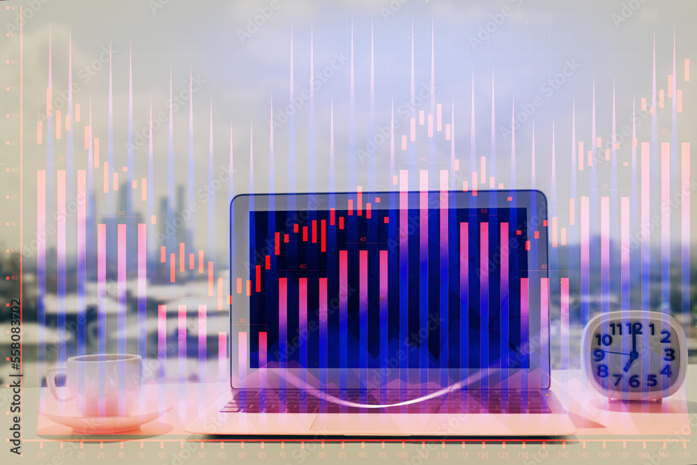 Poster forex chart hologram on table with computer background. double exposure. concept of financial market