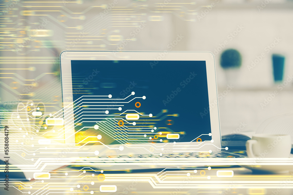 Poster Double exposure of desktop computer and technology theme hologram. Concept of software development.