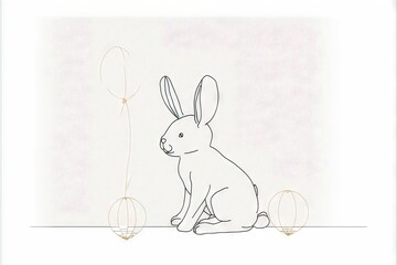 a drawing of a rabbit sitting on the ground with a balloon in the air and a string attached to the back of the rabbit's head, with a string attached to the tail.