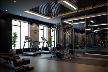 Fototapeta na wymiar Contemporary spotless fitness gym center interior. generative ai