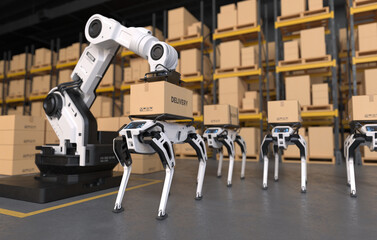 A robotic arm is lifting a cardboard box onto a robotic dog in a factory.