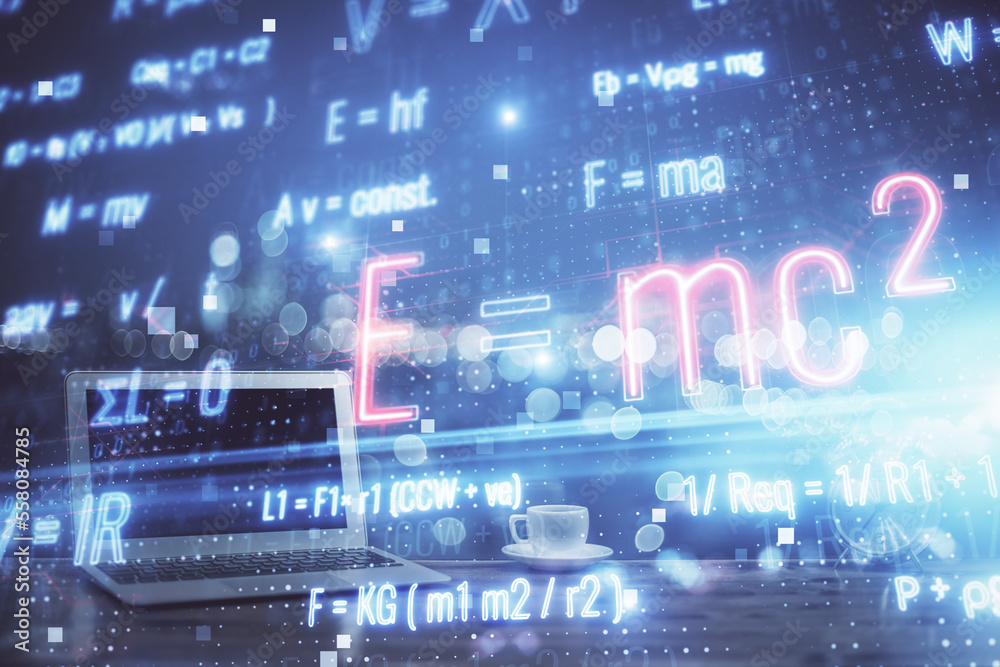 Poster desktop computer background and formula hologram writing. double exposure. education concept.