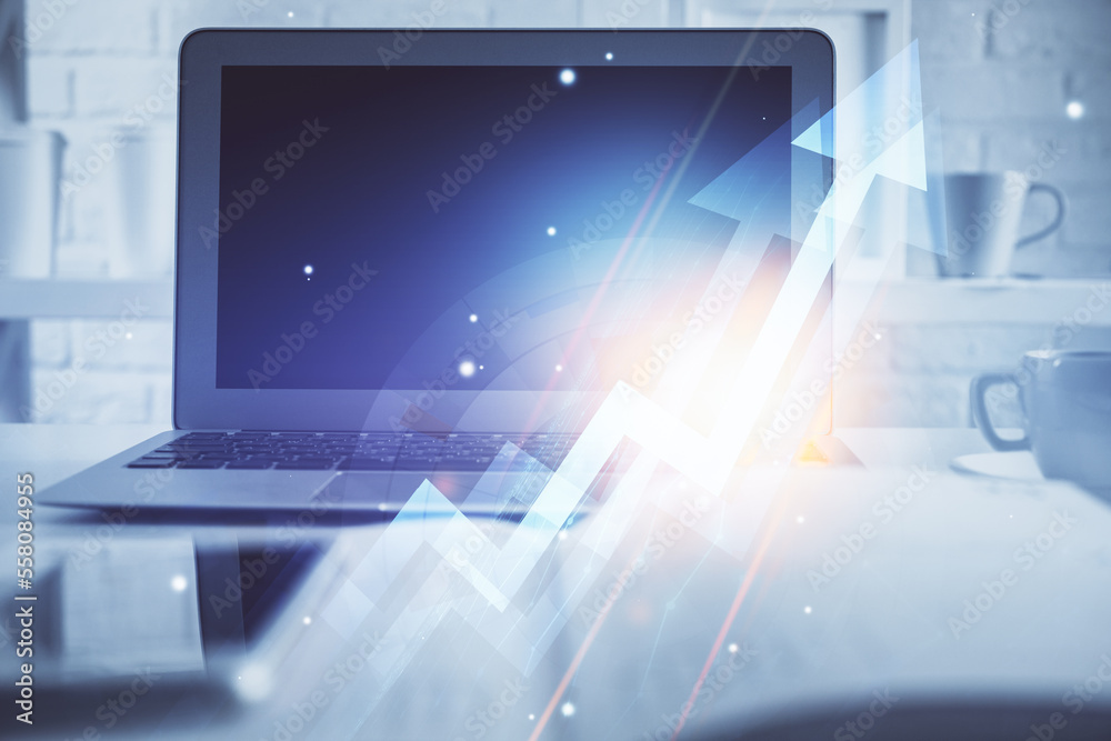 Aufkleber computer on desktop with point up arrows hologram. double exposure. concept of success.