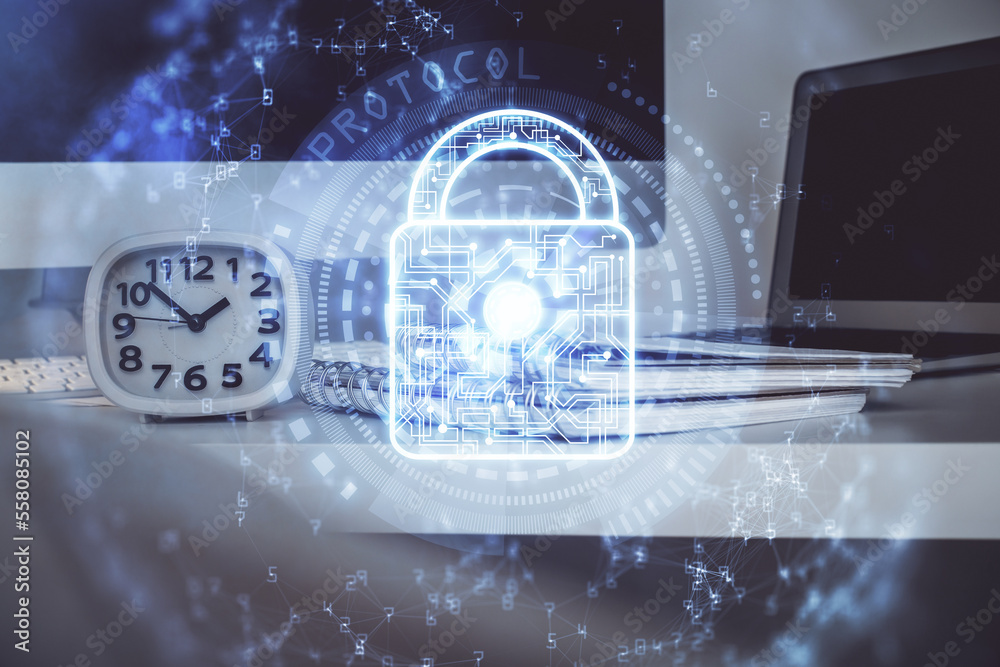 Leinwandbilder double exposure of desktop with computer and lock icon hologram. concept of data safety.